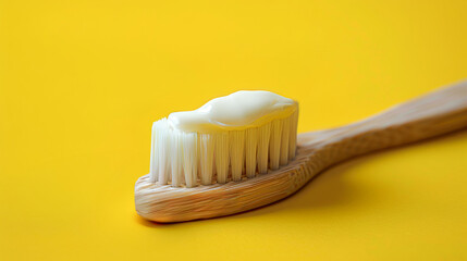 Eco friendly bamboo toothbrush with toothpaste on bristles against a vibrant clean background