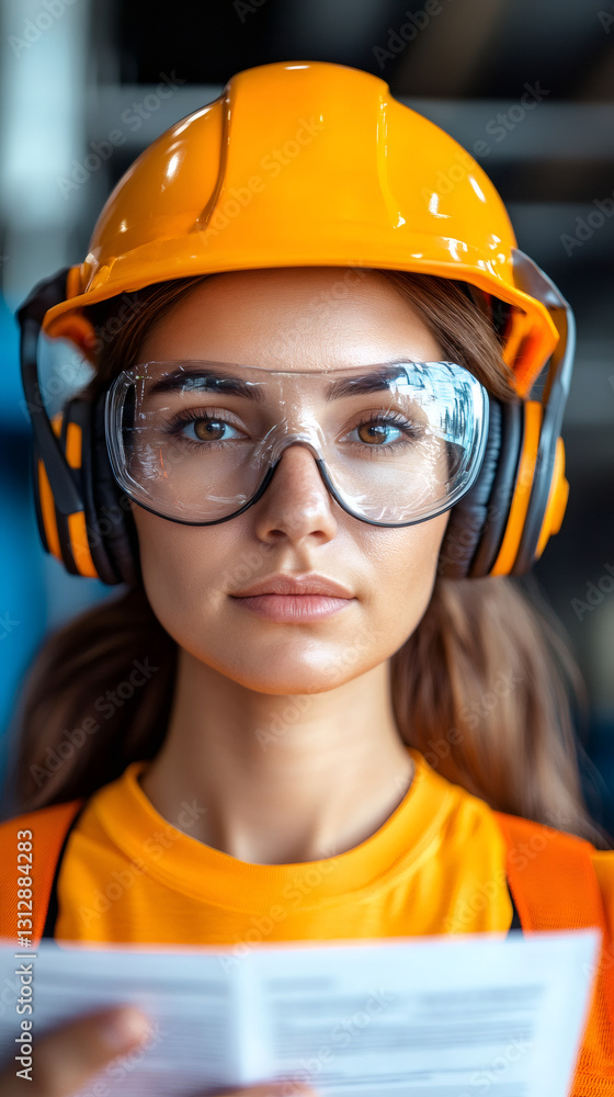 Poster portrait of a female engineer in protective workwear, confidently holding and analyzing a document w