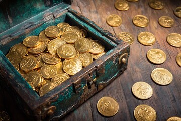 Antique Teal Chest Overflowing with Gold Coins on Wooden Table