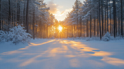 Winter Sunrise in Snowy Pine Forest