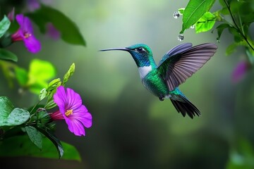 Naklejka premium Green Hummingbird Hovering Near Purple Flowers