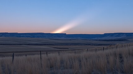 Fototapeta premium Light Beam Over Prairie Landscape at Dusk with Wooden Fence