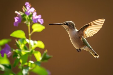 Hummingbird Approaching Purple Flower in Soft Sunlight
