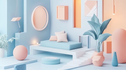 Pastel Blue and Peach Minimalist Room Interior Design with Geometric Shapes and Plants