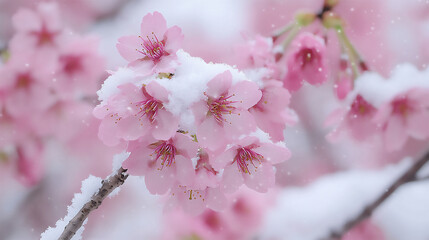 Obraz premium fresh snow on cherry blossoms