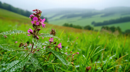 Lush green landscape with pink flowers and misty hills in background