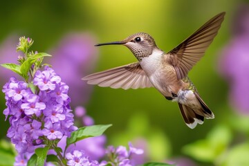 Hummingbird Hovering Near Purple Flowers in Soft Green Garden