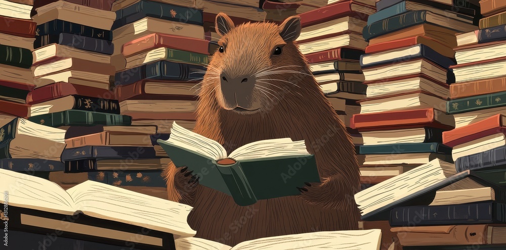 Poster a capybara is enjoying reading books in a library setting