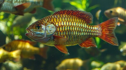 Close-up view of tilapia swimming in circles, vibrant red scales shimmering, highlighting the intensity of fish activity in a farm pond