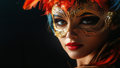 Beautiful woman in carnival mask on black background. Space for text