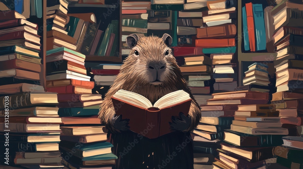 Poster a capybara reads a book surrounded by many stacks of books