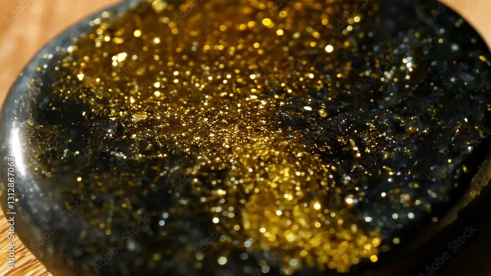 Poster gold obsidian shiny, dark stone with golden glittering particles embedded within it, creating a mesm