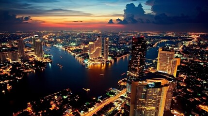 Rivers winding through illuminated city at night.