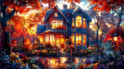 A beautiful home surrounded by vibrant autumn colored trees