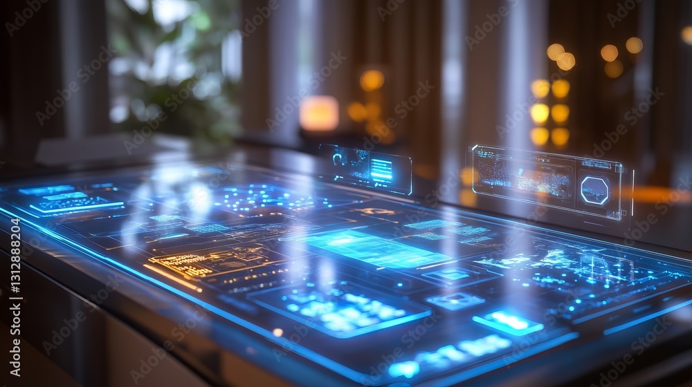 Poster futuristic digital interface holographic table modern technology neon blue light sci fi user interfa