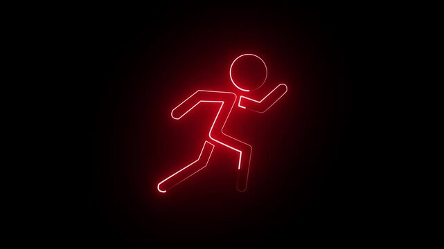 Pictogram of a running man on black background , Running neon sign appear in center and disappear after some time.