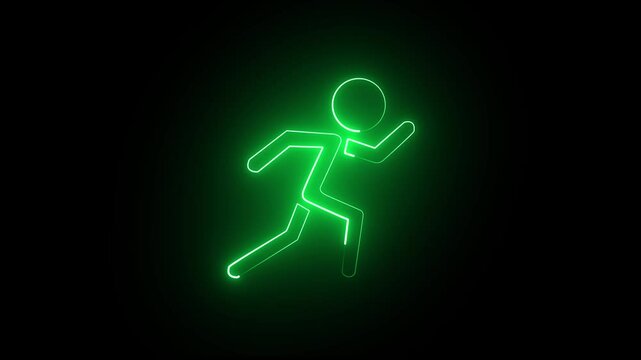 Pictogram of a running man on black background , Running neon sign appear in center and disappear after some time.