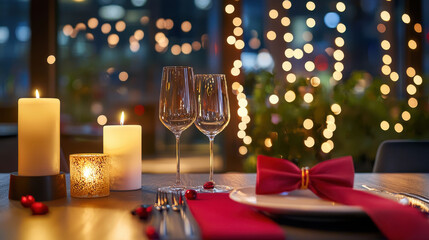 Elegant candlelit dinner setting with ambient lighting and festive decor