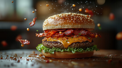 delicious hamburger on a wooden background with flying drops of sauce and peaces of bacon