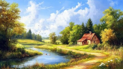 A beautiful painting depicting a charming house in a natural landscape