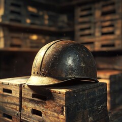 Rustic steel helmet with visible wear, placed on a stack of old ammunition crates, glowing warm light, ultra-detailed, photorealistic and nostalgic