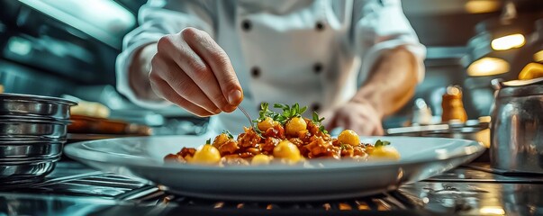 Professional chef in uniform cooking gourmet meals in a bustling kitchen at a high-end eatery showcasing delicious fresh food that excites the palate and delights customers.