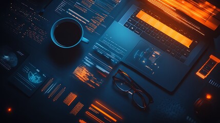A modern desk with laptop and data related displays and coffee