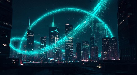 Obraz premium City Skyline at Night with Digital Data Stream Overlay