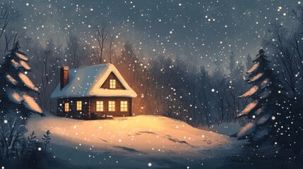 Fototapeta premium A warm cozy cabin sits amidst a snowy forest scene