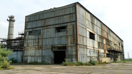 Fototapeta premium An abandoned industrial building with rusted metal walls and broken windows.