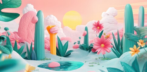A whimsical landscape featuring flowers cacti and a soft color palette
