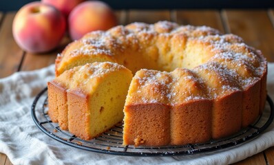 Delicious peach cake slice on display