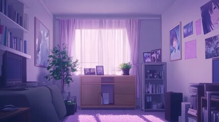 Anime Style Room Interior Featuring Desk, Bookshelves and Decorative Items