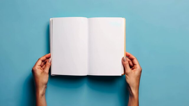 Mockup of a person holding a booklet on a blue background. Offset paper display. A brochure template. Leaflet presentation.