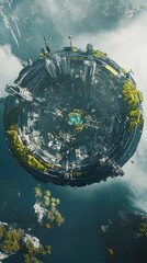 Futuristic orbital city floating above a landscape with green vegetation