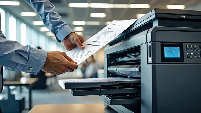 Office worker printing documents using a high-speed copier in a corporate workplace
