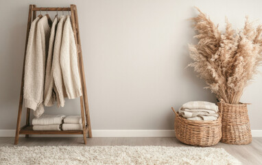 Cozy Neutral-Toned Sweaters and Blankets on Wooden Rack with Pampas Grass