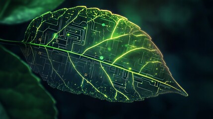 Abstract Green Leaf Circuit Board Digital Art Nature Technology Bio Tech Futuristic Design Innovation Green Energy Sustainable Technology Eco Friendly