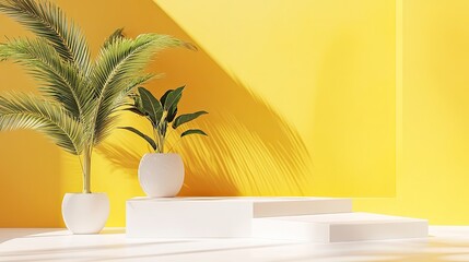 Fototapeta premium Sunlit Minimalist Scene with White Platforms and Tropical Plants Against a Yellow Wall