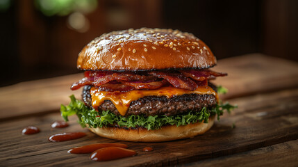 delicious hamburger on a wooden background with flying drops of sauce and peaces of bacon