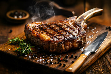Grilled beef steak Tomahawk with rosemary and spices on a wooden board close-up, side view.