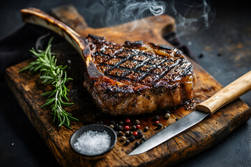 Grilled beef steak Tomahawk with rosemary and spices on a wooden board close-up, side view.