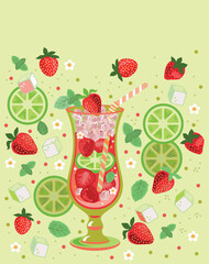 Vector illustration of strawberry mint cocktail in a hurricane glass