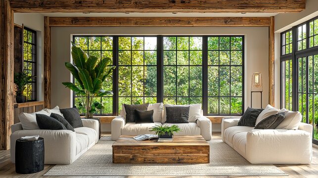 Luxury farmhouse decor featuring rich black accents creates a comfortable high-end living room ambiance that exudes sophistication and style.