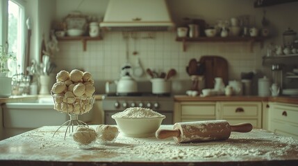 Fototapeta premium Rustic kitchen Dumpling preparation, flour, rolling pin
