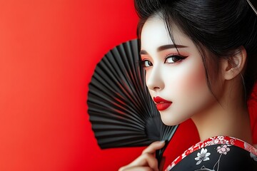Elegant Young Woman in Kimono with Black Hand Fan Red Background