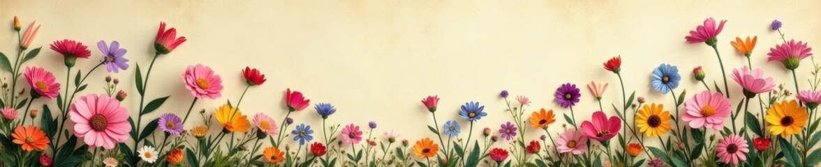 Naklejka premium Intricate, densely packed wildflowers in muted tones on aged paper , floral print, herbarium, pattern