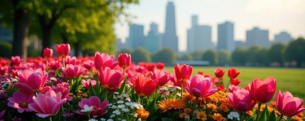 Stunning flower bed with High Line and city backdrop, beautiful, skyline, bloom