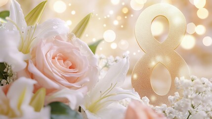 Fototapeta premium A beautifully detailed macro shot of soft pink roses and white lilies surrounding a textured golden number eight, illuminated by warm glowing bokeh in a festive Women's Day celebration