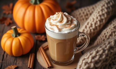 Warm pumpkin latte surrounded by autumn decor